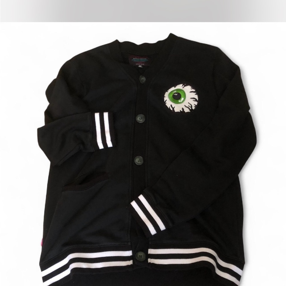 Rare Mishka keep watch Black Button-Up Bomber Cardigan with Green Eyeball Patch